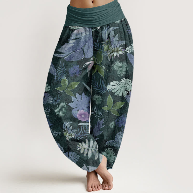 Pantalones Buddha Stones de algodón puro con estampado de follaje tropical colorido para mujer, cintura elástica