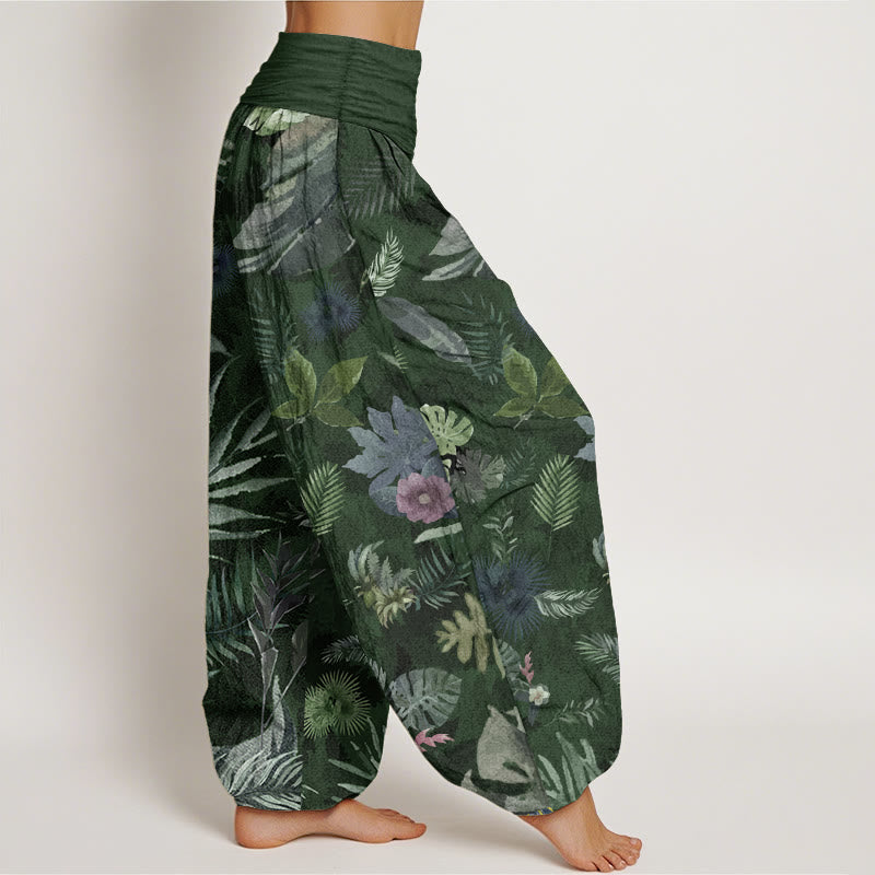 Pantalones Buddha Stones de algodón puro con estampado de follaje tropical colorido para mujer, cintura elástica