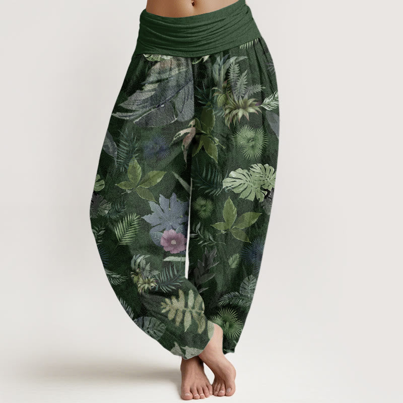 Pantalones Buddha Stones de algodón puro con estampado de follaje tropical colorido para mujer, cintura elástica