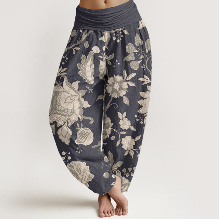 Pantalones harén de cintura elástica para mujer, estilo casual, de algodón puro y peonía, con Buddha Stones