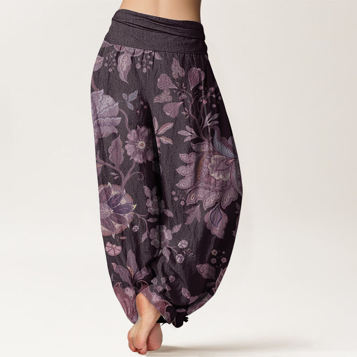 Pantalones harén de cintura elástica para mujer, estilo casual, de algodón puro y peonía, con Buddha Stones