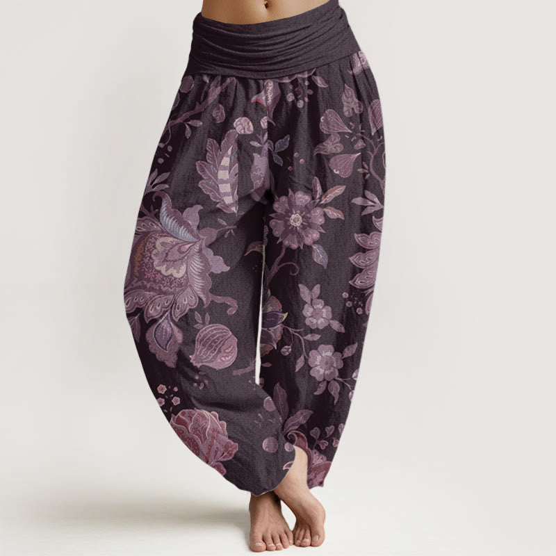 Pantalones harén de cintura elástica para mujer, estilo casual, de algodón puro y peonía, con Buddha Stones