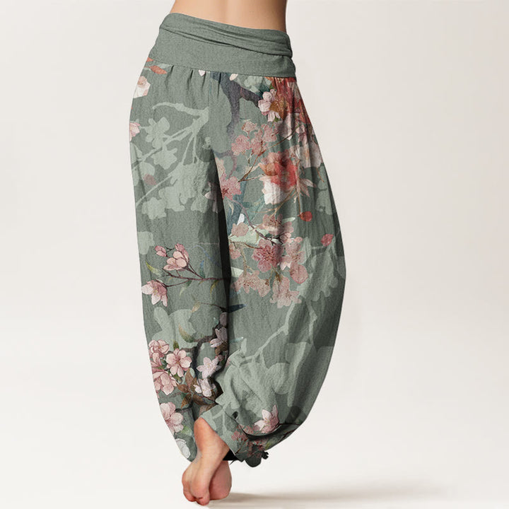 Pantalones harén de algodón puro con diseño de Buddha Stones, flores rojas y rosas, ramas exuberantes, cintura elástica para mujer - image 1