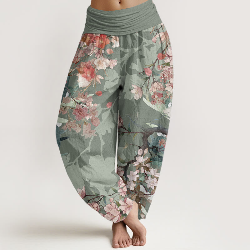 Pantalones harén de algodón puro con diseño de Buddha Stones, flores rojas y rosas, ramas exuberantes, cintura elástica para mujer - Verde mar oscuro - US22，UK/AU26，EU54 (6XL) - image 0