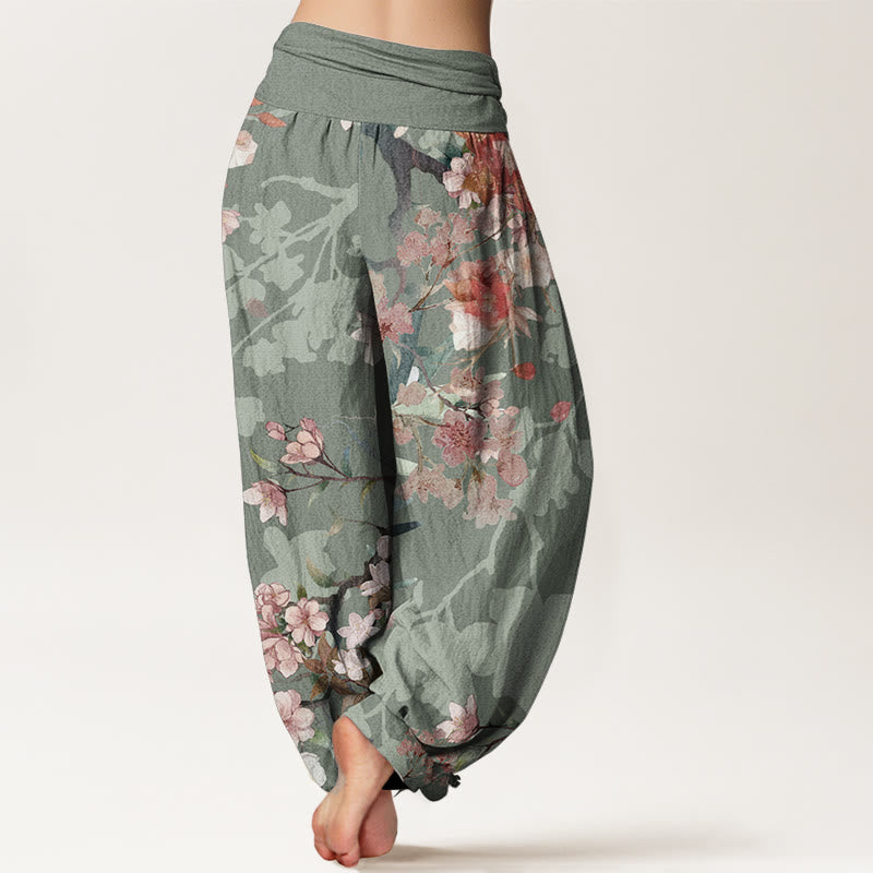 Pantalones harén de algodón puro con diseño de Buddha Stones, flores rojas y rosas, ramas exuberantes, cintura elástica para mujer - image 1