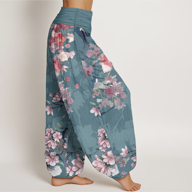 Pantalones harén de algodón puro con diseño de Buddha Stones, flores rojas y rosas, ramas exuberantes, cintura elástica para mujer - image 11