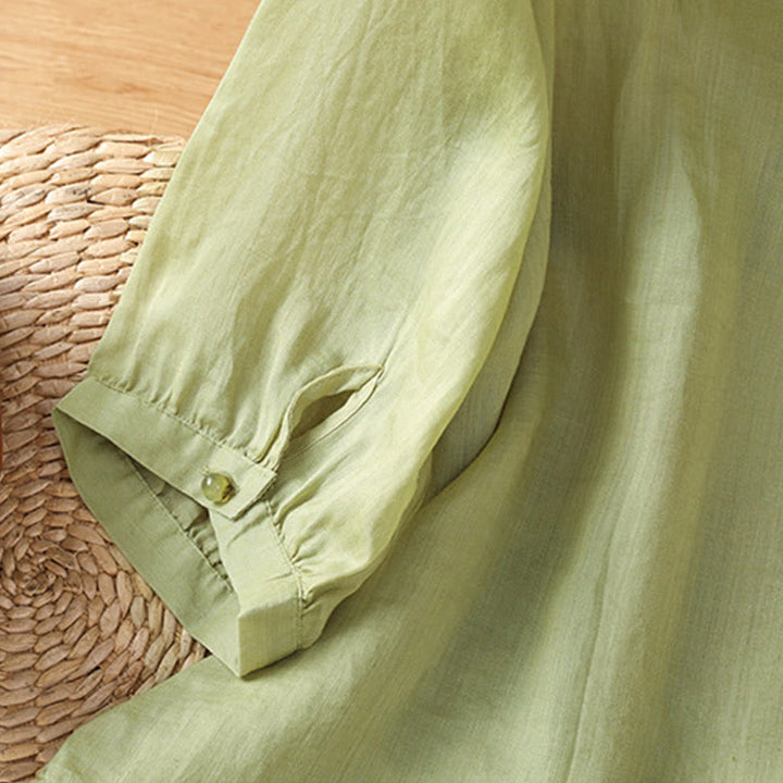 Camisa de algodón con cuello en V para mujer con flores bordadas y Buddha Stones - image 11