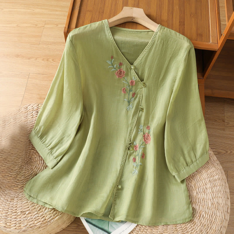 Camiseta de mujer con cuello en V y bordado de flores y Buddha Stones - Verde amarillento - US12, UK/AU16, EU44 (2XL) - image 7