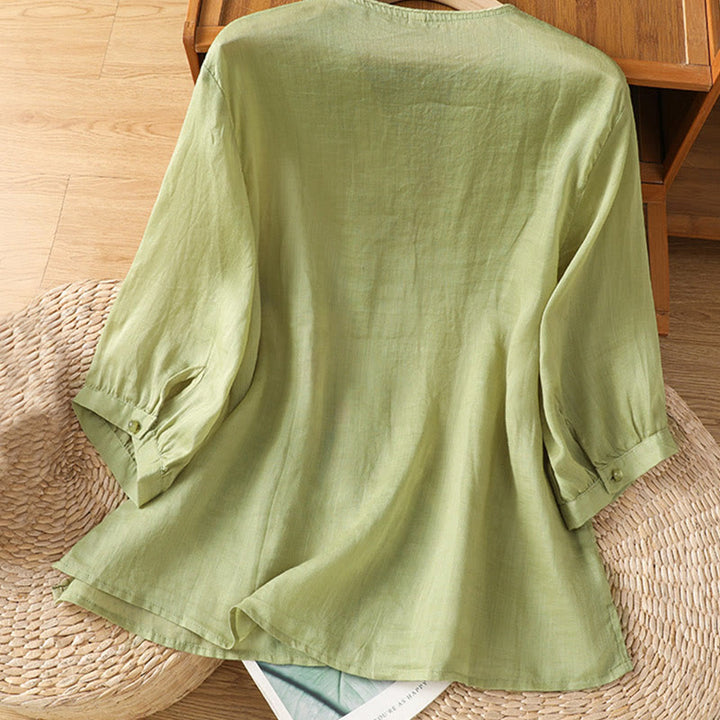 Camisa de algodón con cuello en V para mujer con flores bordadas y Buddha Stones - image 9