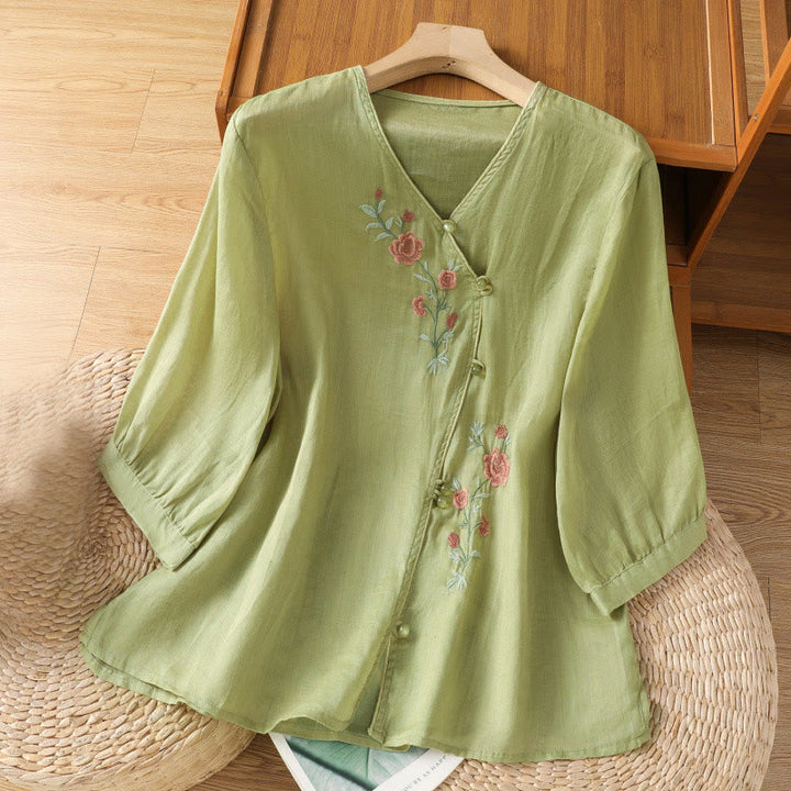 Camisa de algodón con cuello en V para mujer con flores bordadas y Buddha Stones - AmarilloVerde - US12, UK/AU16, EU44 (2XL) - image 7