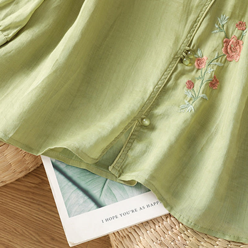 Camisa de algodón con cuello en V para mujer con flores bordadas y Buddha Stones - image 12