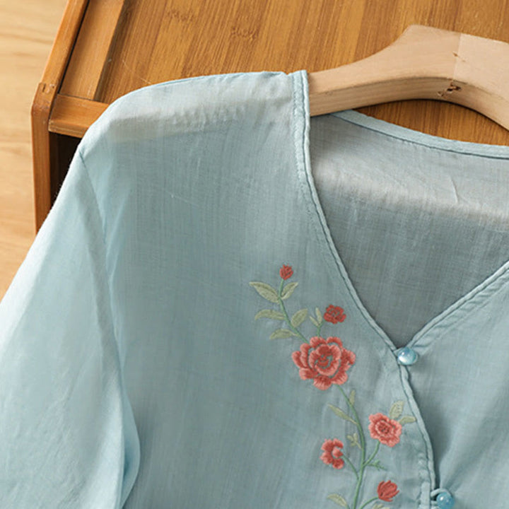 Camisa de algodón con cuello en V para mujer con flores bordadas y Buddha Stones - image 6