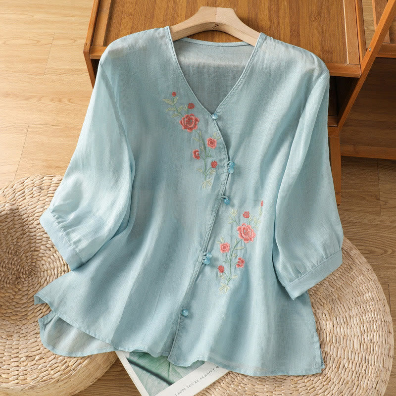 Camisa de algodón con cuello en V para mujer con flores bordadas y Buddha Stones - Azul cielo claro - US12, UK/AU16, EU44 (2XL) - image 3