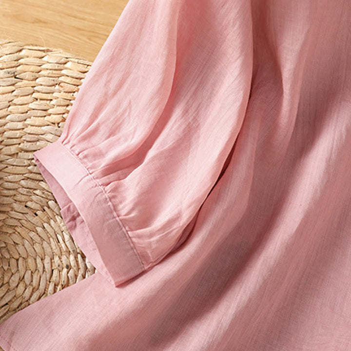 Camisa de algodón con cuello en V para mujer con flores bordadas y Buddha Stones - image 17