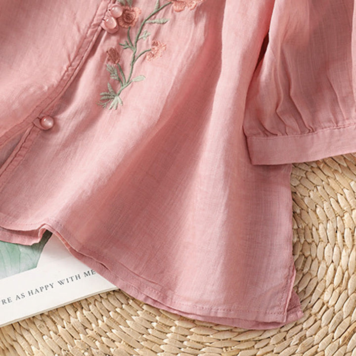 Camisa de algodón con cuello en V para mujer con flores bordadas y Buddha Stones - image 15