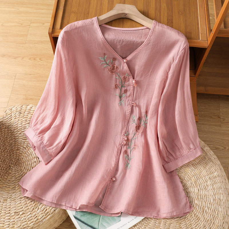 Camisa de algodón con cuello en V para mujer con flores bordadas y Buddha Stones - Rosa claro - US12, UK/AU16, EU44 (2XL) - image 13