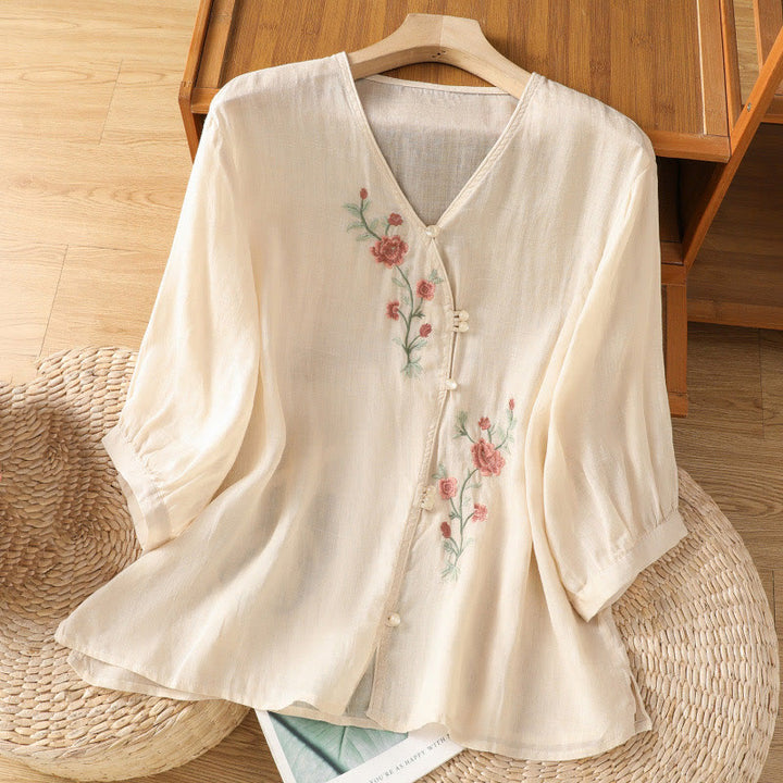 Camiseta de mujer con cuello en V y bordado de flores y Buddha Stones - PapayaWhip - US12, UK/AU16, EU44 (2XL) - image 0