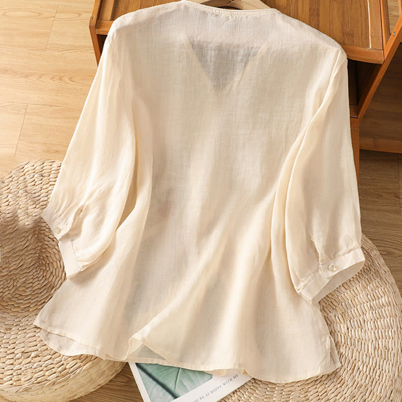 Camisa de algodón con cuello en V para mujer con flores bordadas y Buddha Stones - image 2