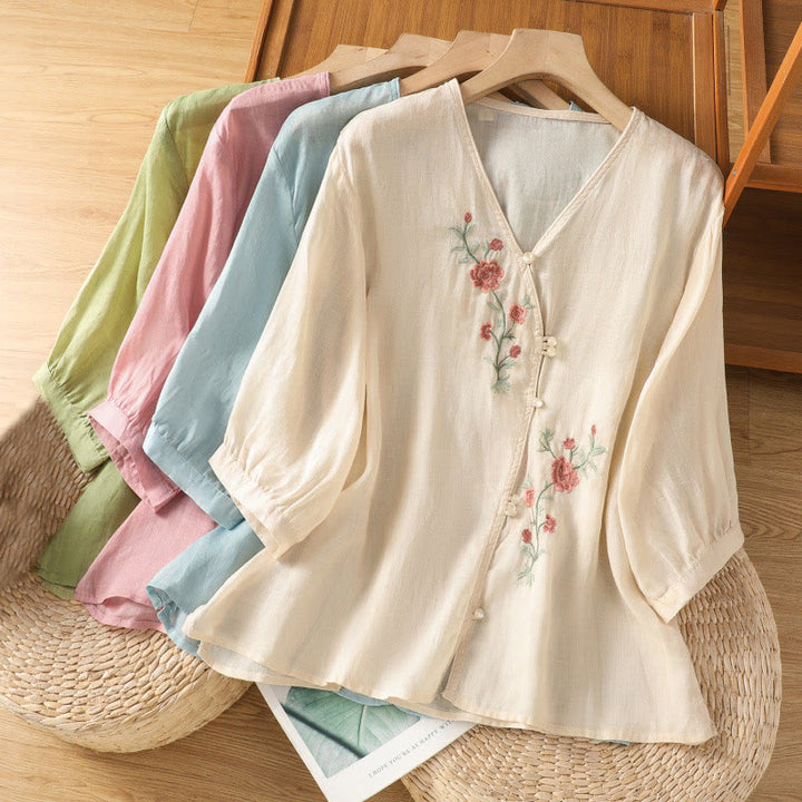 Camisa de algodón con cuello en V para mujer con flores bordadas y Buddha Stones - image 19