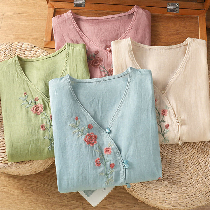 Camisa de algodón con cuello en V para mujer con flores bordadas y Buddha Stones - image 18