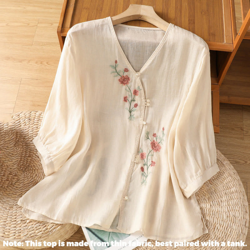 Camiseta de mujer con cuello en V y bordado de flores y Buddha Stones - image 1