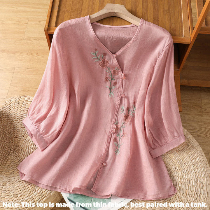 Camisa de algodón con cuello en V para mujer con flores bordadas y Buddha Stones - image 14