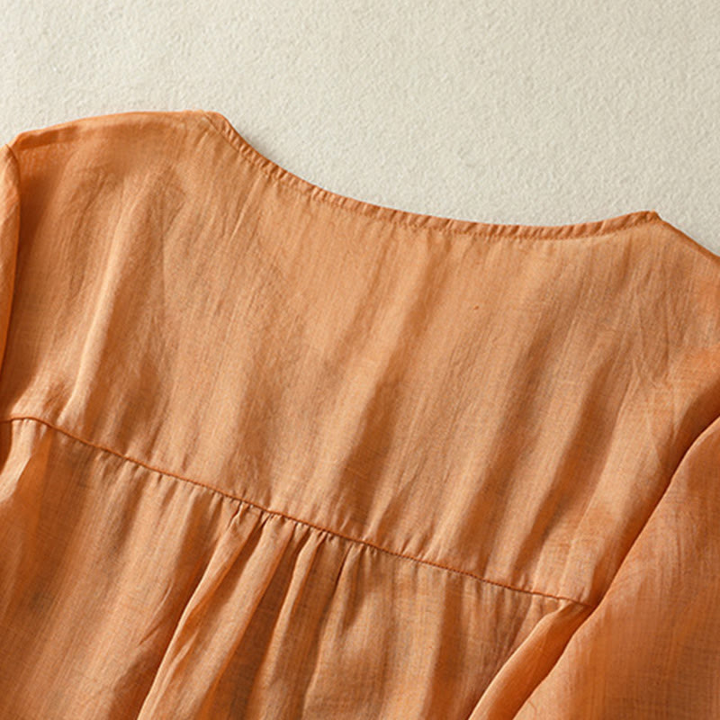 Camiseta informal de algodón y lino para mujer, de media manga, con encaje bordado y Buddha Stones - image 4