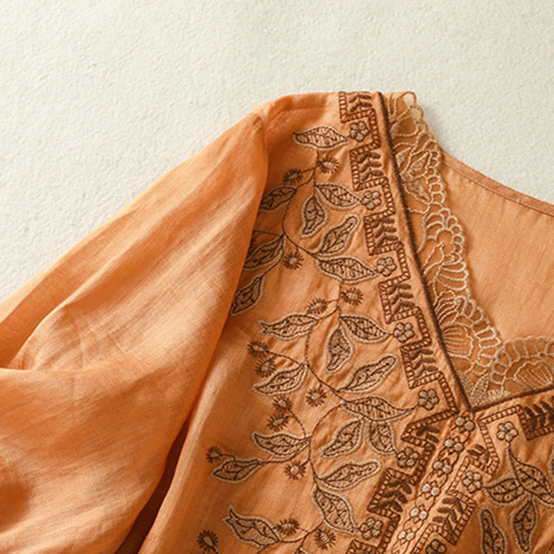 Camiseta informal de algodón y lino para mujer, de media manga, con encaje bordado y Buddha Stones - image 2