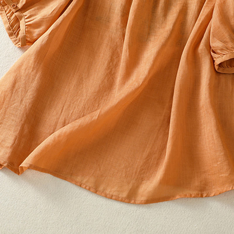 Camiseta informal de algodón y lino para mujer, de media manga, con encaje bordado y Buddha Stones - image 6