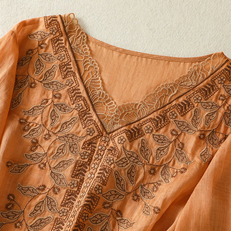 Camiseta informal de algodón y lino para mujer, de media manga, con encaje bordado y Buddha Stones - image 7