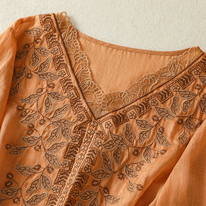 Camiseta informal de algodón y lino para mujer, de media manga, con encaje bordado y Buddha Stones - image 7