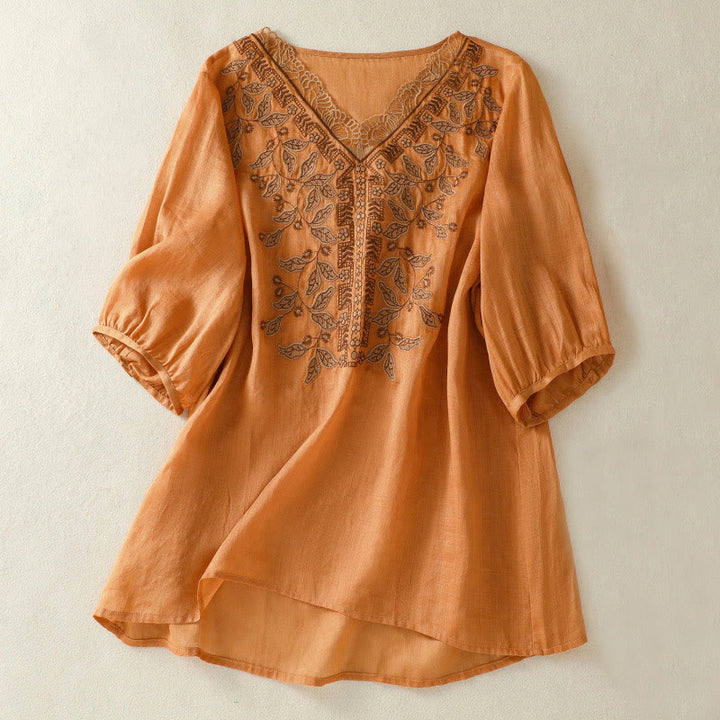 Camiseta informal de algodón y lino para mujer, de media manga, con encaje bordado y Buddha Stones - Chocolate - US8-10，UK/AU12-14，EU40-42 (2XL) - image 0