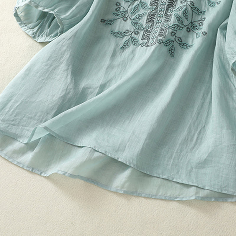 Camiseta informal de algodón y lino para mujer, de media manga, con encaje bordado y Buddha Stones - image 16