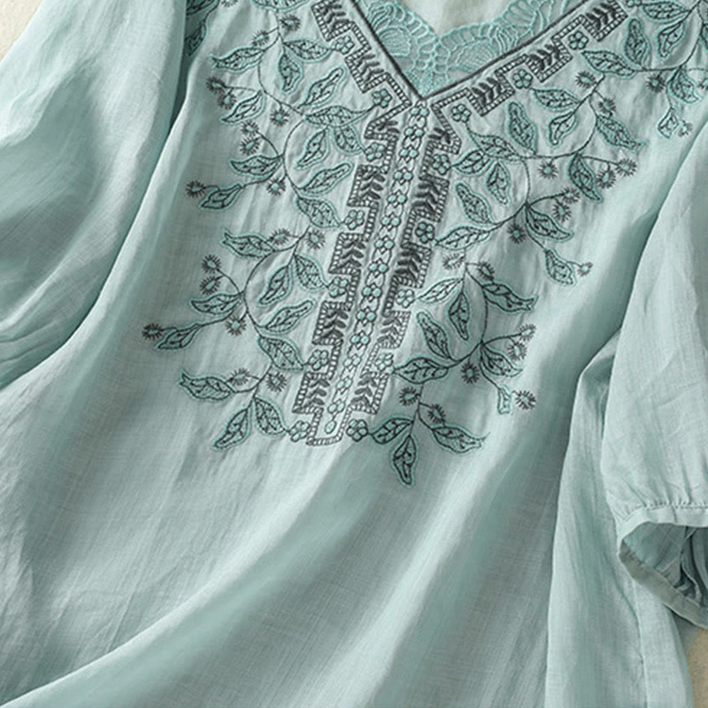 Camiseta informal de algodón y lino para mujer, de media manga, con encaje bordado y Buddha Stones - image 15