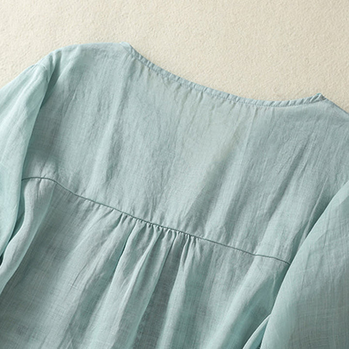 Camiseta informal de algodón y lino para mujer, de media manga, con encaje bordado y Buddha Stones - image 17