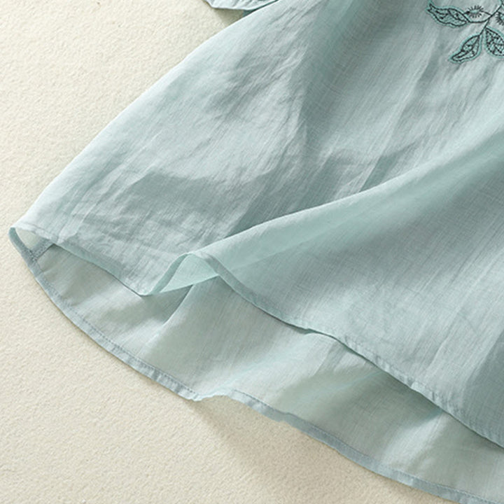 Camiseta informal de algodón y lino para mujer, de media manga, con encaje bordado y Buddha Stones - image 14