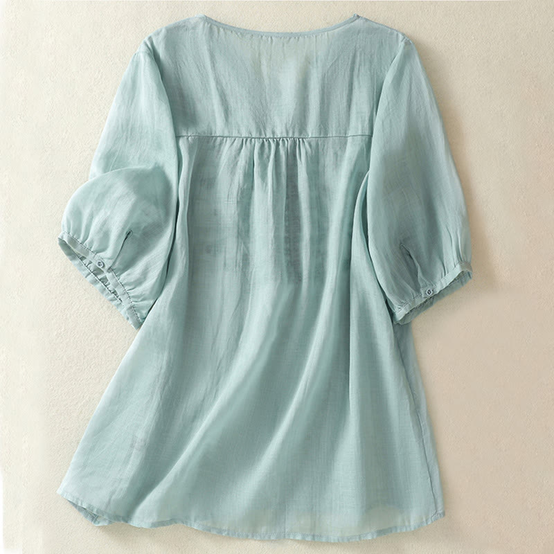 Camiseta informal de algodón y lino para mujer, de media manga, con encaje bordado y Buddha Stones - image 10