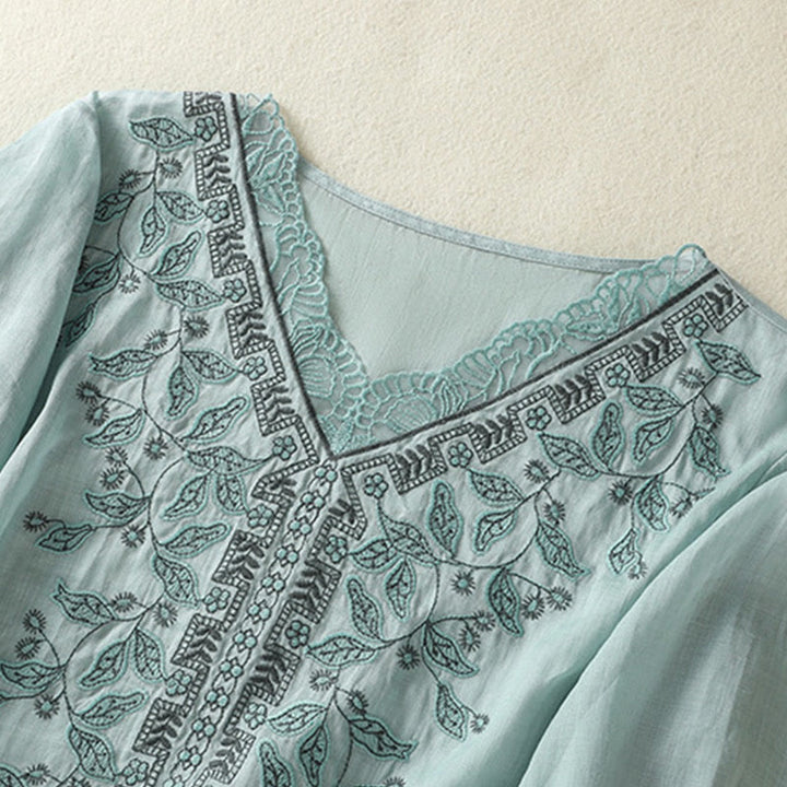 Camiseta informal de algodón y lino para mujer, de media manga, con encaje bordado y Buddha Stones - image 13