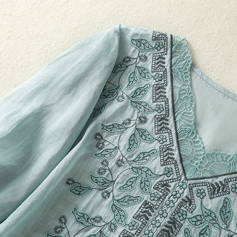 Camiseta informal de algodón y lino para mujer, de media manga, con encaje bordado y Buddha Stones - image 11