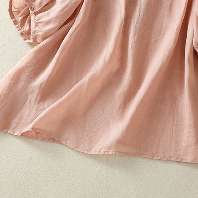 Camiseta informal de algodón y lino para mujer, de media manga, con encaje bordado y Buddha Stones - image 21