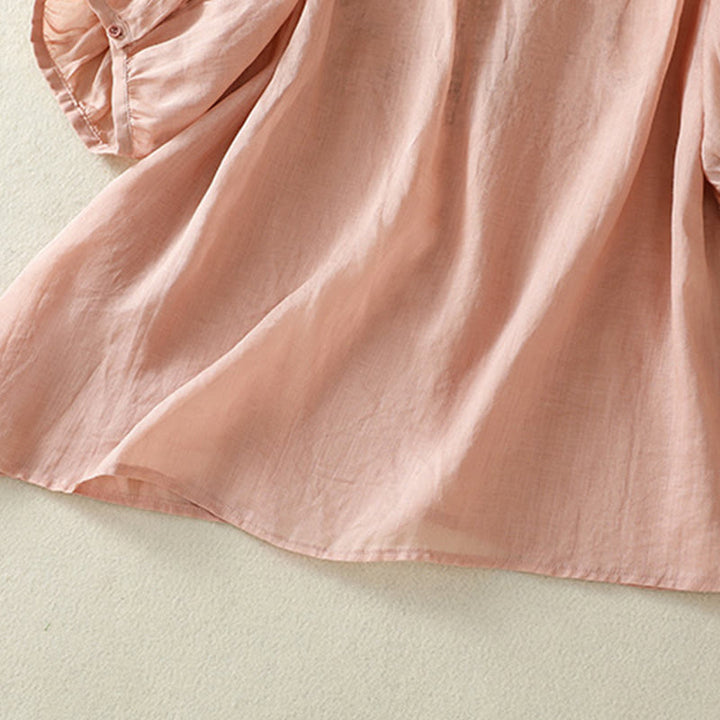 Camiseta informal de algodón y lino para mujer, de media manga, con encaje bordado y Buddha Stones - image 21