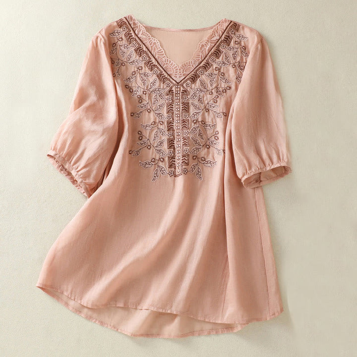 Camiseta informal de algodón y lino para mujer, de media manga, con encaje bordado y Buddha Stones - Rosa - US8-10，UK/AU12-14，EU40-42 (2XL) - image 19