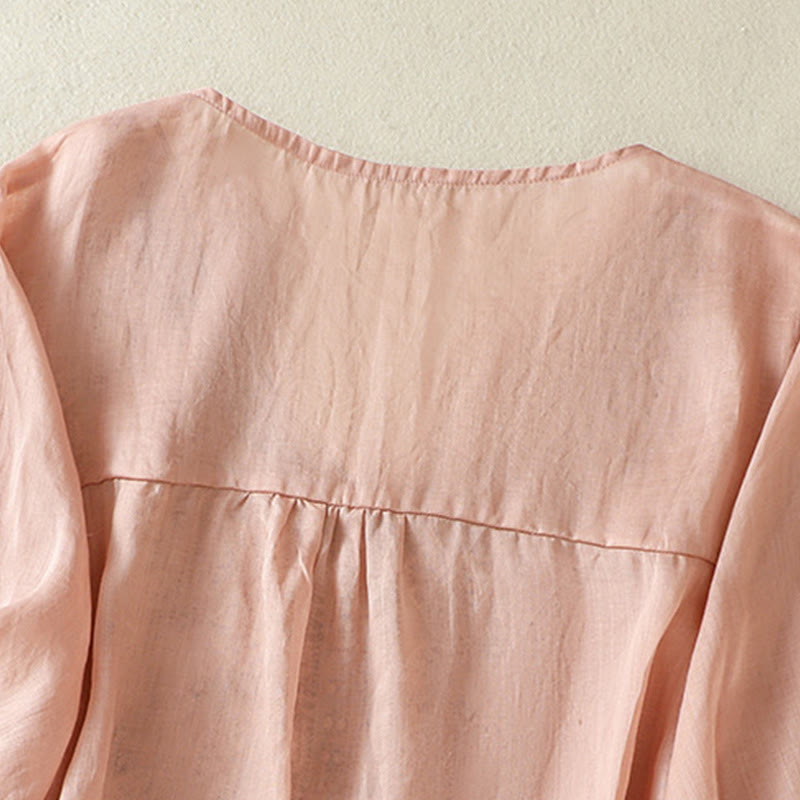 Camiseta informal de algodón y lino para mujer, de media manga, con encaje bordado y Buddha Stones - image 22