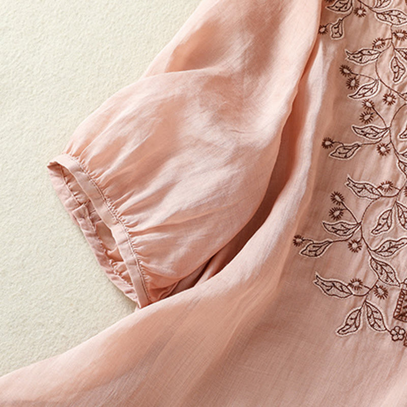 Camiseta informal de algodón y lino para mujer, de media manga, con encaje bordado y Buddha Stones - image 27