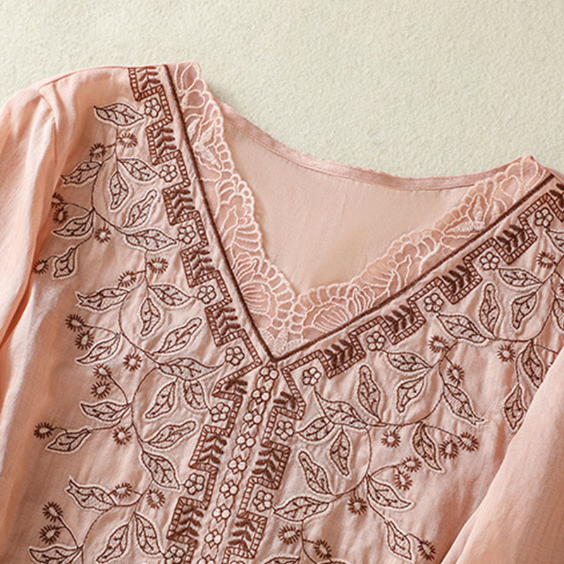 Camiseta informal de algodón y lino para mujer, de media manga, con encaje bordado y Buddha Stones - image 26