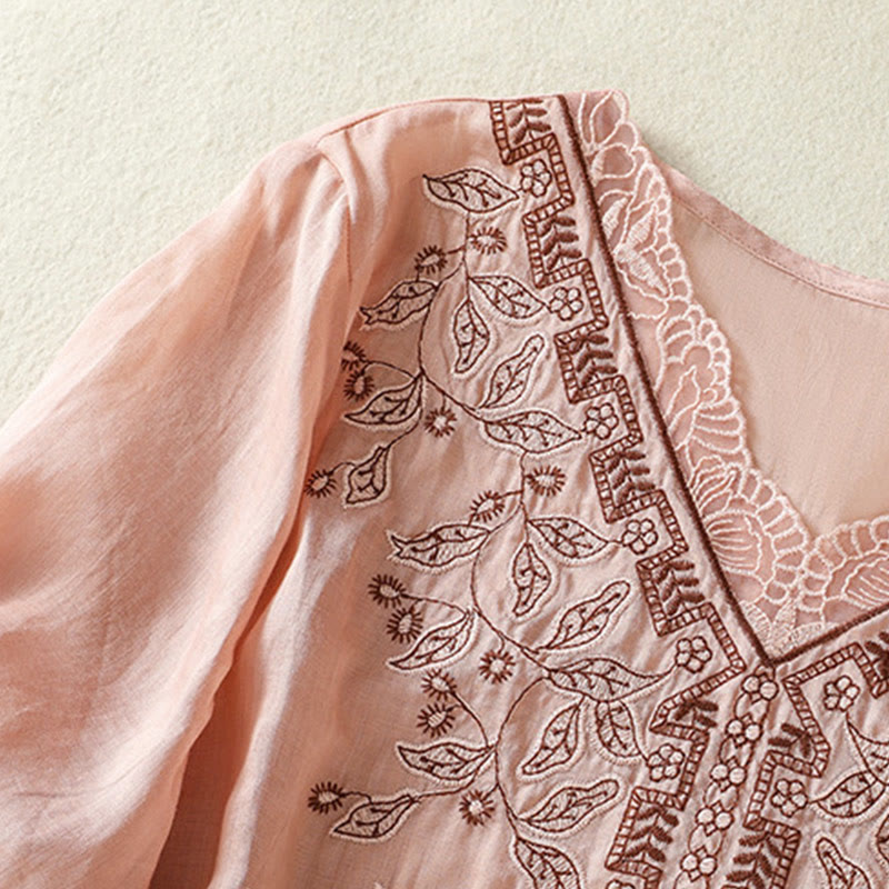 Camiseta informal de algodón y lino para mujer, de media manga, con encaje bordado y Buddha Stones - image 28