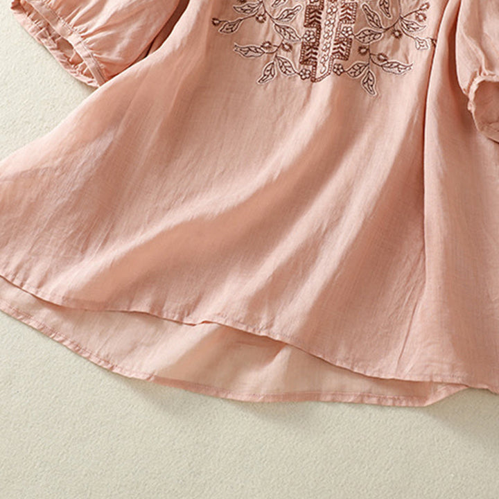 Camiseta informal de algodón y lino para mujer, de media manga, con encaje bordado y Buddha Stones - image 25