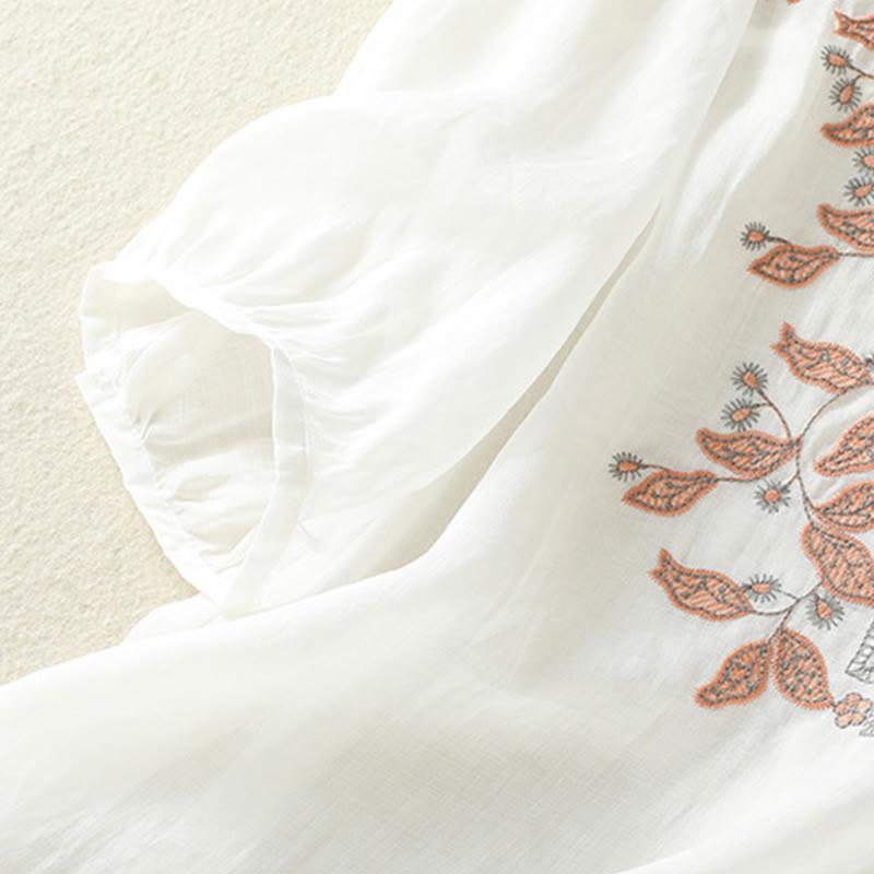 Camiseta informal de algodón y lino para mujer, de media manga, con encaje bordado y Buddha Stones - image 33