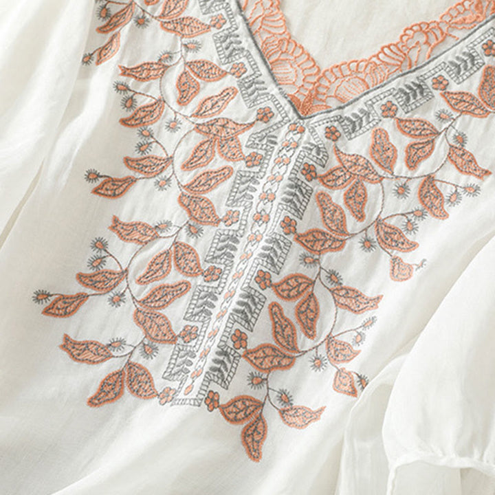 Camiseta informal de algodón y lino para mujer, de media manga, con encaje bordado y Buddha Stones - image 34