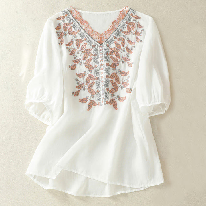 Camiseta informal de algodón y lino para mujer, de media manga, con encaje bordado y Buddha Stones - Blanco - US8-10，UK/AU12-14，EU40-42 (2XL) - image 29